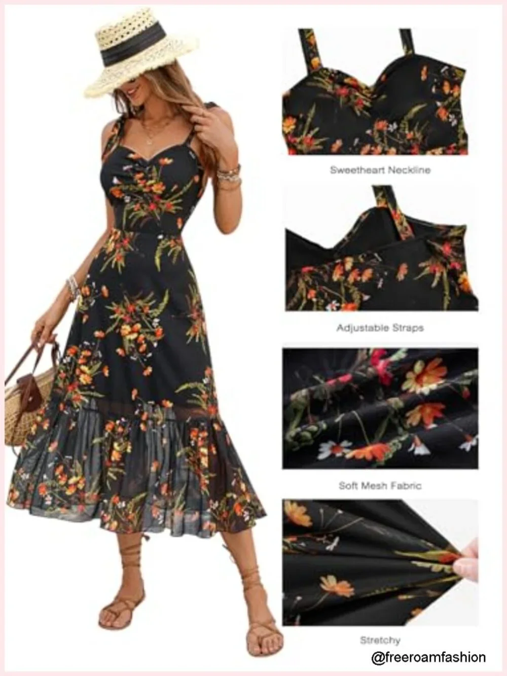 Floral Mesh Midi Dress Sweetheart Neck Tie Straps Ruffle